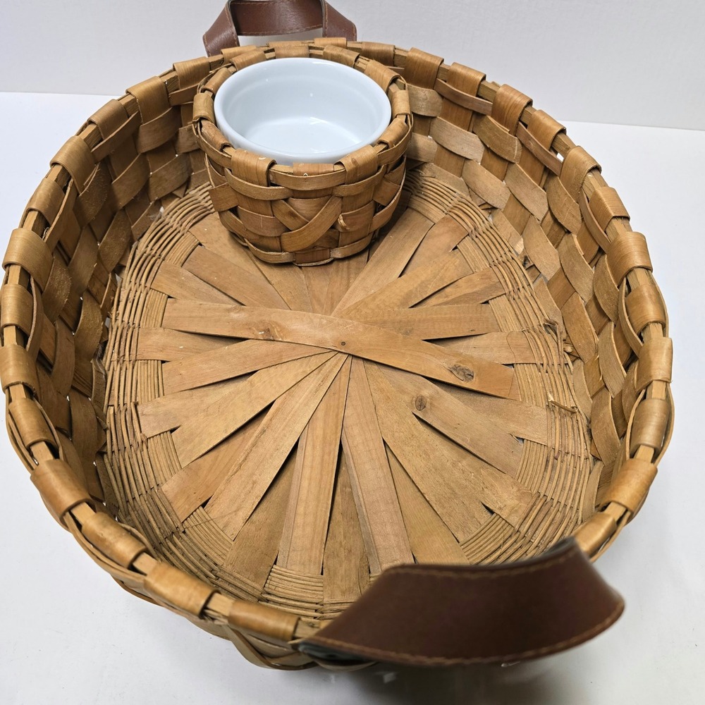 Woven Wood Chip and Dip Basket Set with Leather Handles and Ceramic Ramekin